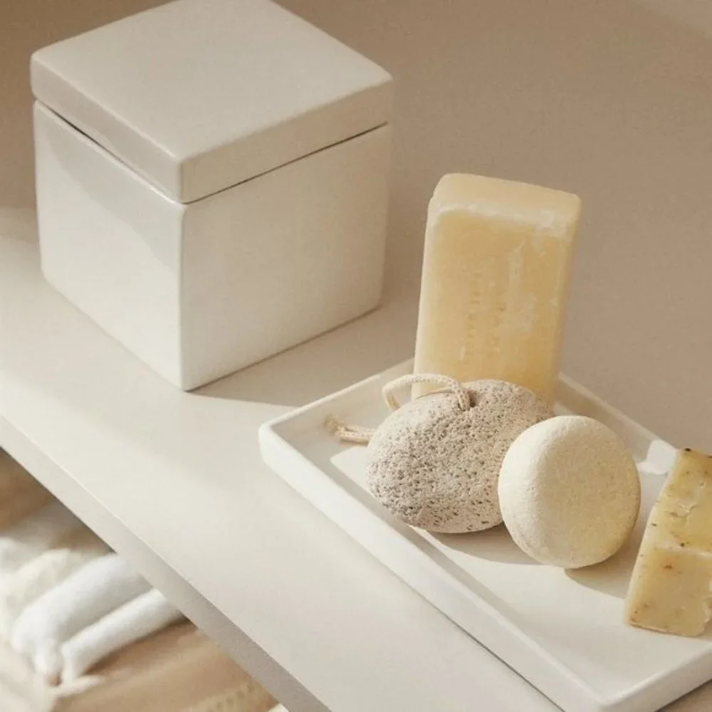NEW Zara Home 3 Piece WHITE EARTHENWARE JAR and DISH SET